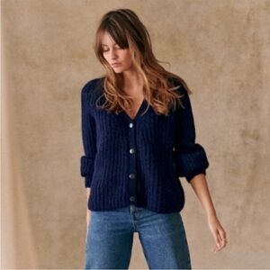 Sezane Navy Basile Ribbed V-Neck Button Cardigan